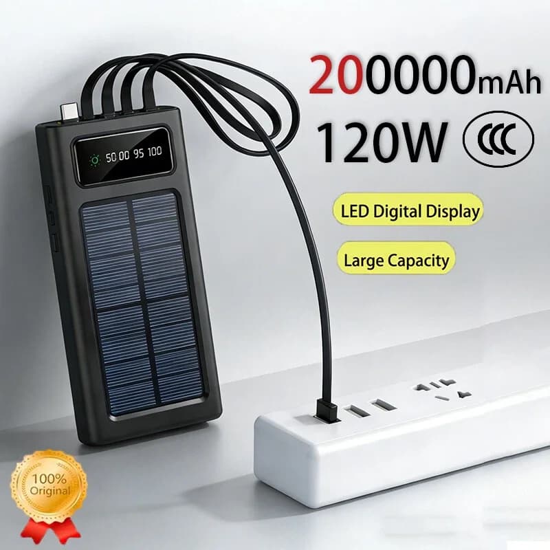 200000 mAh 120 W solar power bank with integrated cable Ultra fast charging portable solar power bank for Iphone17 16 Samsung Xiaomi