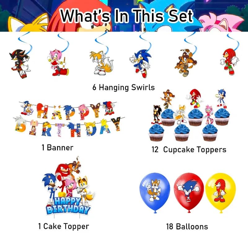 Kit di Decorazioni per Feste di Compleanno a Tema Sonic da 4 Pezzi, Inclusi Striscioni, Topper per Torte, Palloncini e Spirali Appese
