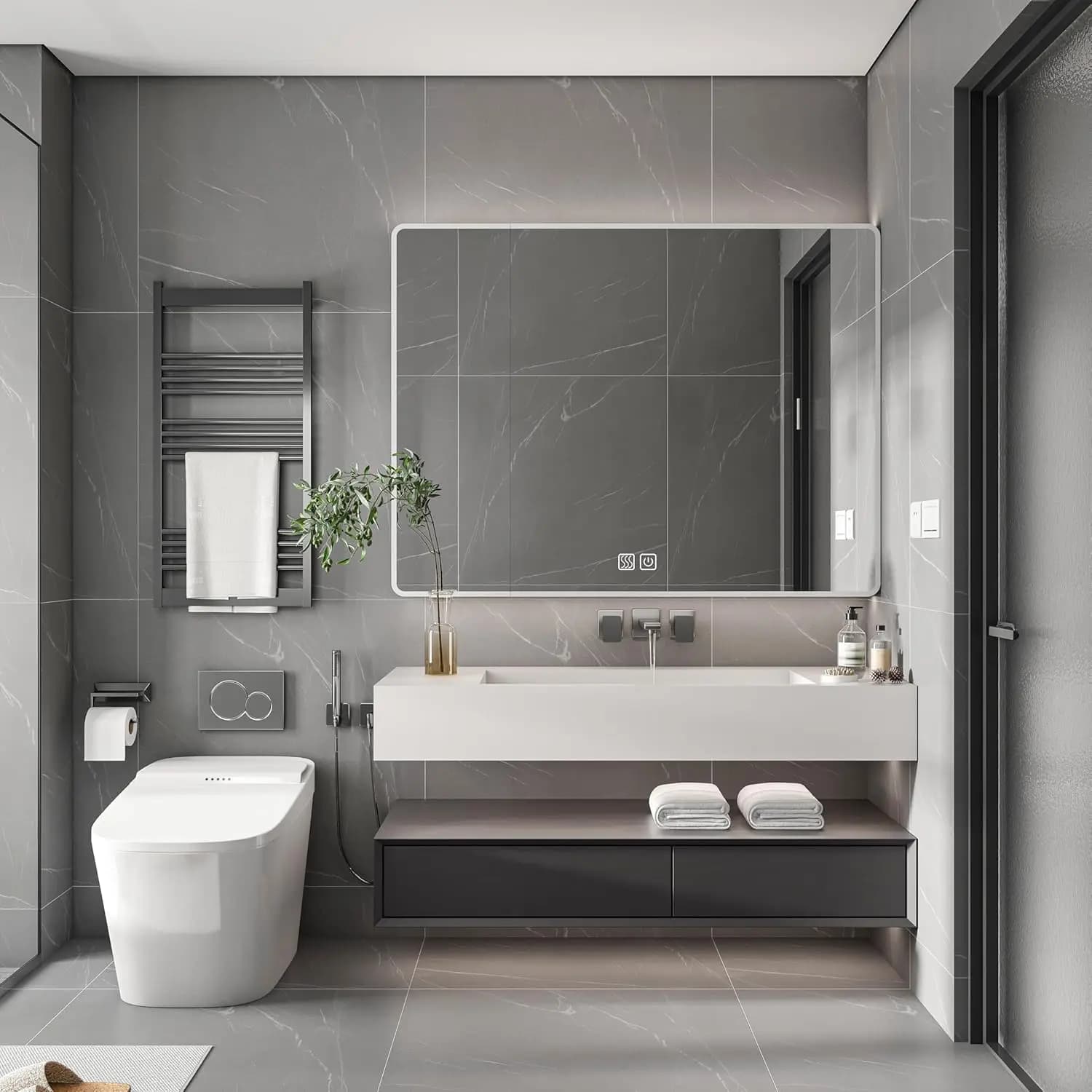 Armadietto Medicinali da Parete 35x28 con Luce LED, Specchio Antiappannamento, Ripiano Portaoggetti e Supporto Asciugacapelli, Grigio Personalizzabile