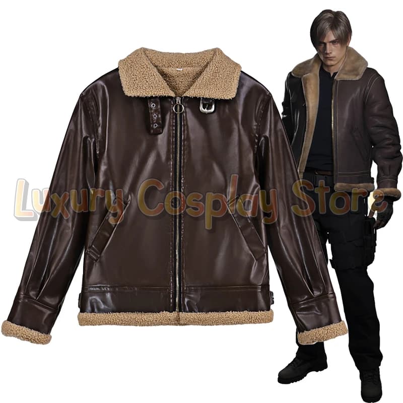 Game Resident Remake Leon Scott Kennedy Cosplay Costumes Brown Faux Leather Aviator Jacket Men Winter Coat Halloween Party Suit