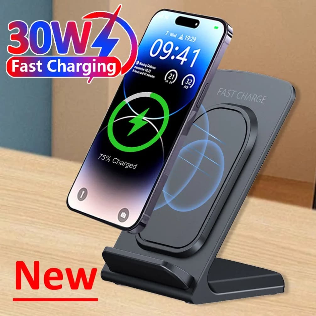 Caricatore wireless 30W Supporto per telefono Dock Supporto da tavolo per iPhone 16 15 14 13 12 Pro Max Samsung S25 Xiaomi Stazione di ricarica rapida