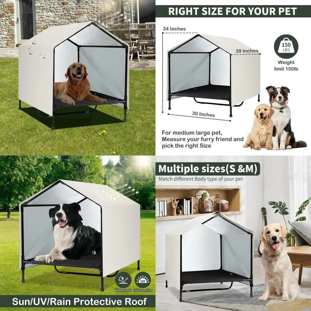 Cuccia per Cani di Taglia Grande da Esterno con Letto Rialzato, Impermeabile e Parasole (39 x 30 x 34)