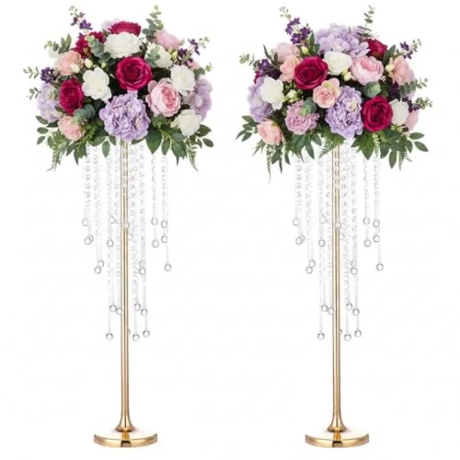 Supporti per centrotavola da matrimonio alti 29,5 pollici, 2 pezzi di portacandele in metallo, eleganti vasi per fiori con perline di cristallo scintillanti