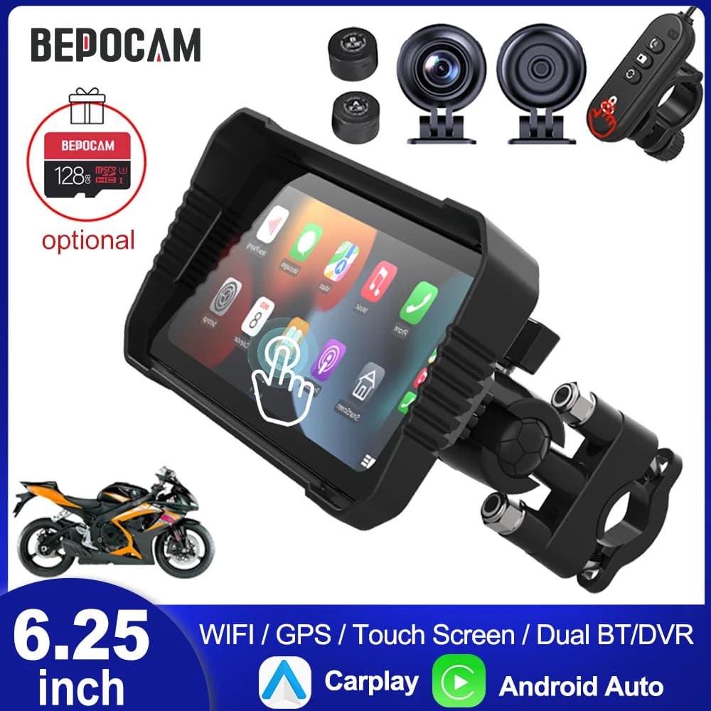 BEPOCAM 6.2in Moto Black Box Touch Carplay Screen GPS Navigation IP67 Waterproof for Double Camera Drive Recorder Moto DVR