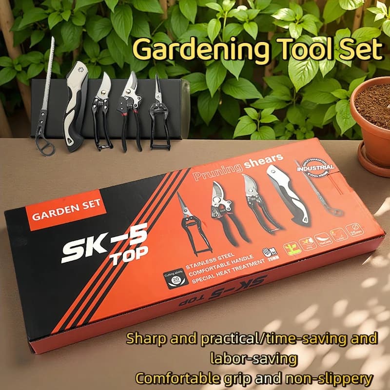 Set of Five Gardening Tools for Cultivation and Flower Pot, with Folding Saw and Shears