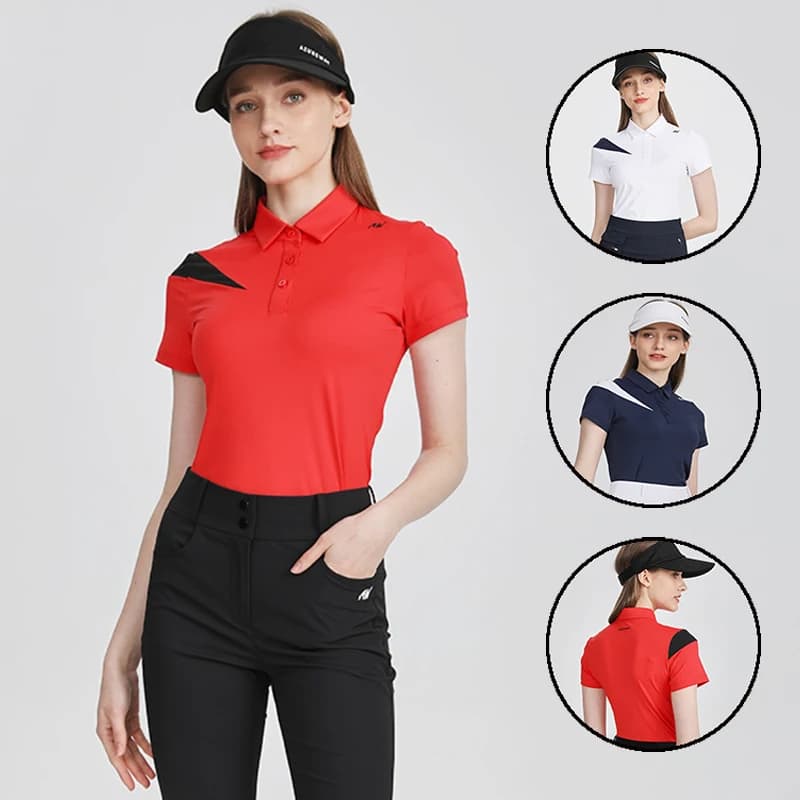 AW Polo da golf traspirante estiva da donna Camicie slim a maniche corte Patchwork Sport casual Top T-shirt da golf elastiche S-XXL