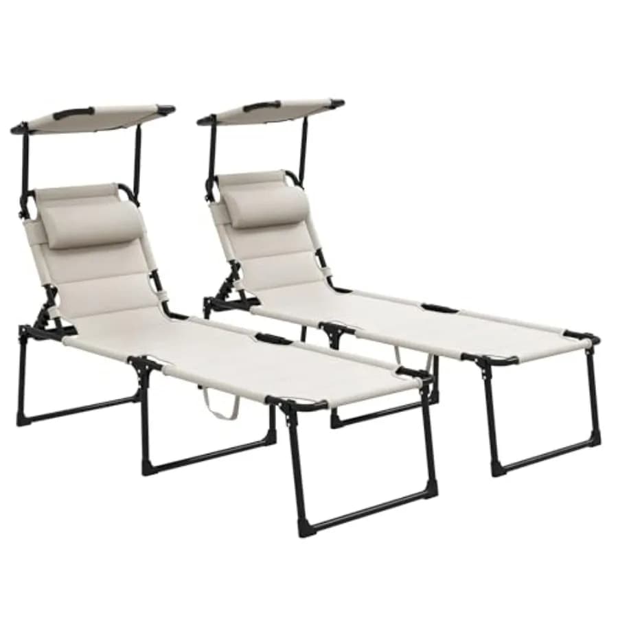 Set di 2 Sedie da Esterno, Chaise Longue Pieghevole con Schienale Regolabile, Sedia Imbottita per Prendere il Sole con Tetto Parasole e Cuscino