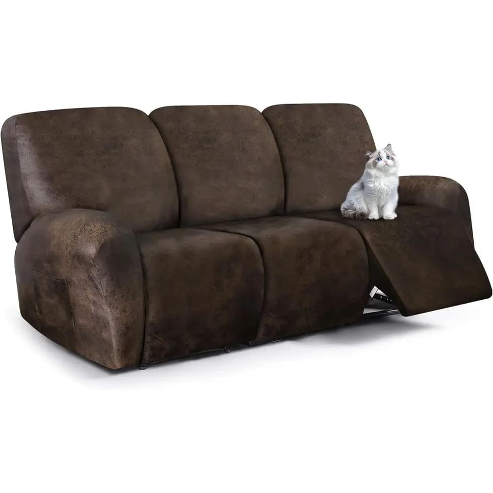 Set of 8 Elasticized Covers for Reclining Sofa, Sofa Washable Lining, Pet Furniture Protection (3 Posts, Brown)