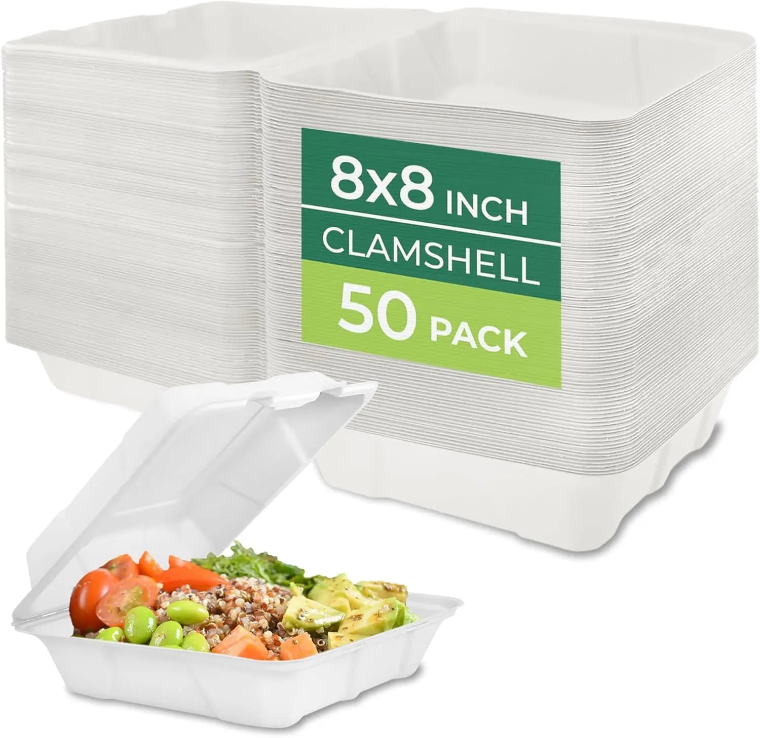 Compostable Clamshell Food Containers 8x8" 50-Pack Heavy Duty Sugarcane To Go Boxes Microwave & Freezer Safe Stackable