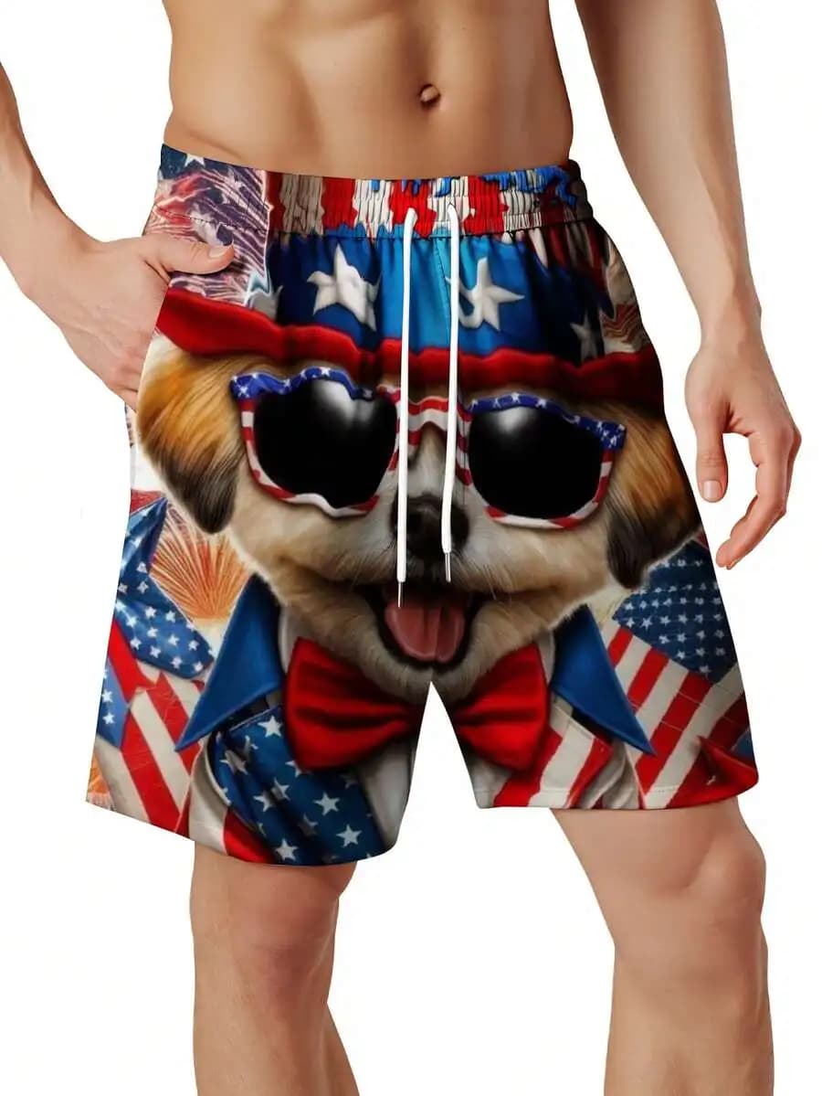 Costume da bagno con stampa bandiera americana Patriotic Dog, pantaloncini da spiaggia da uomo, quarto di luglio