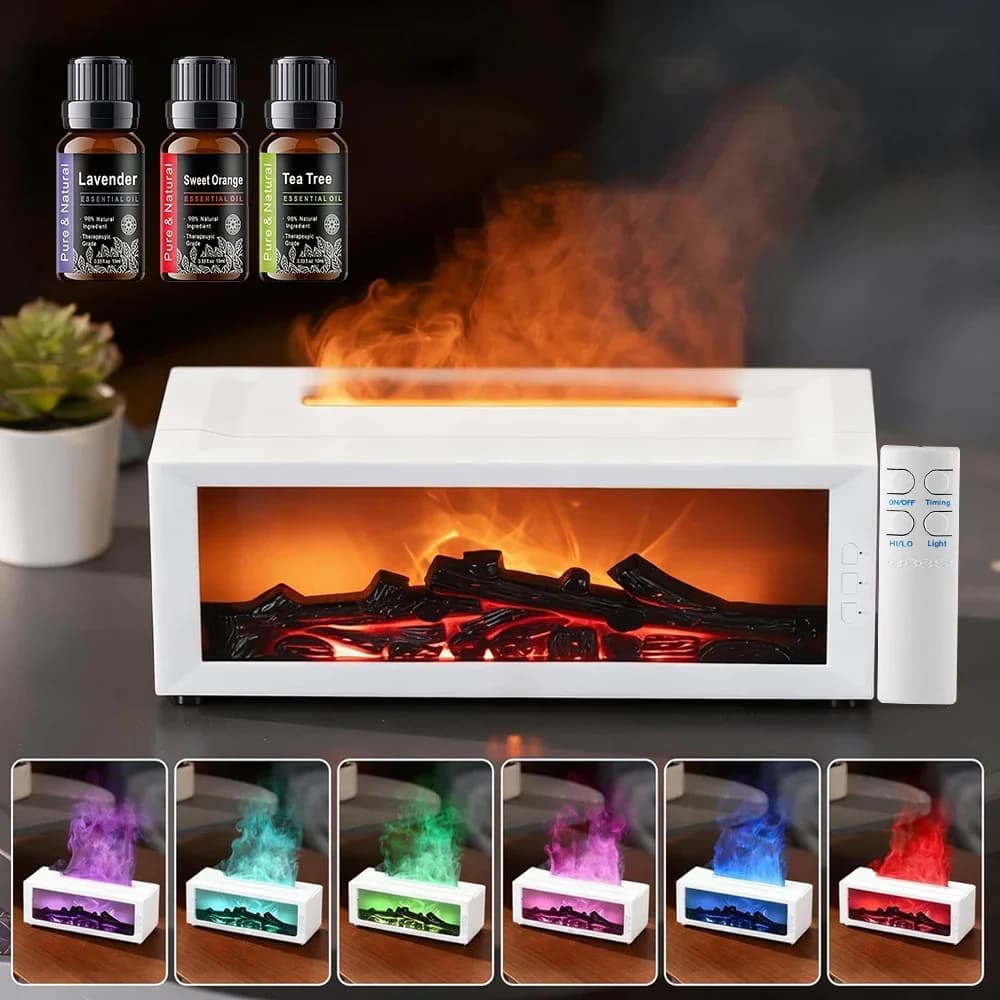 Umidificatore d'aria a tema fiamma silenziosa con LED a 7 colori, diffusore di oli essenziali per la casa, effetto caminetto, con olio essenziale in omaggio