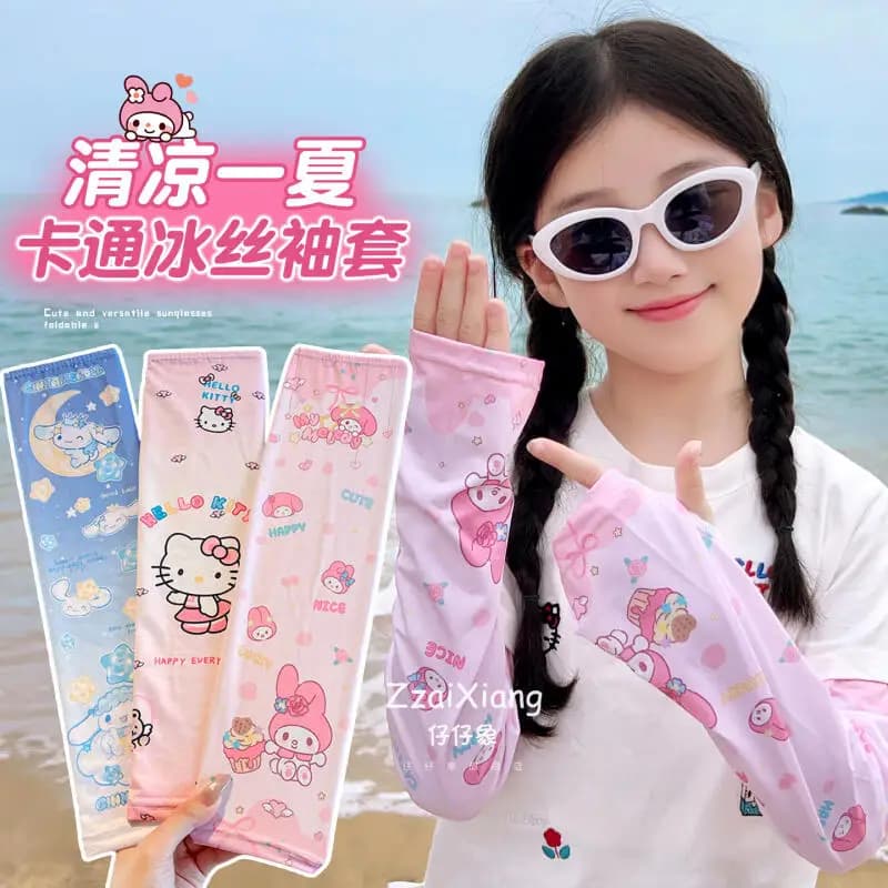 3Pc Sanrio Cartoon Child Sunscreen Ice Sleeves Hello Kitty Kuromi My Melody Cinnamoroll Stamp Summer Outdoor Arm Sunscreen Cover