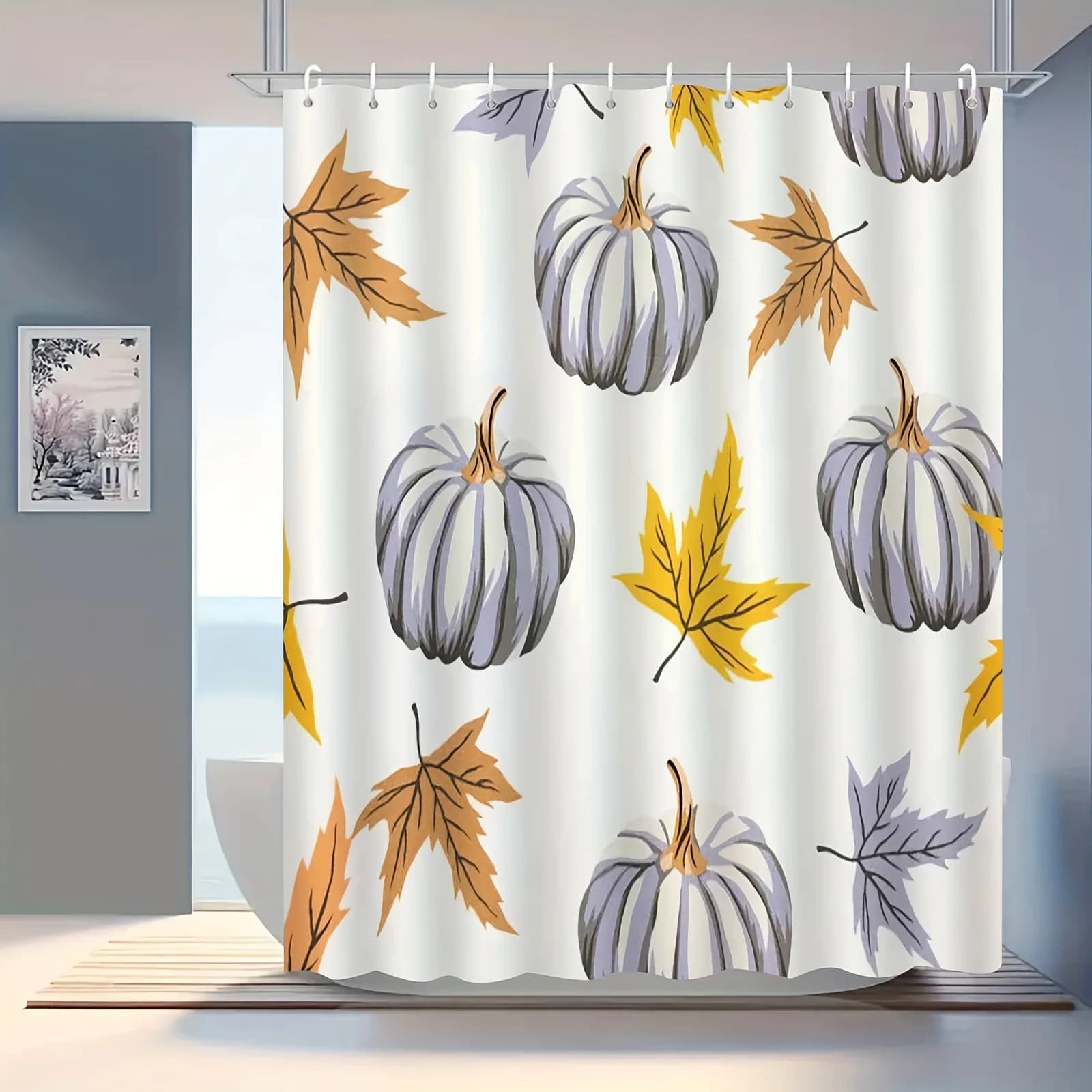 Elegante tenda da doccia con foglie d'acero e zucca ad acquerello - Decorazione da bagno multifunzionale di fascia alta, antiappannamento con ganci inclusi