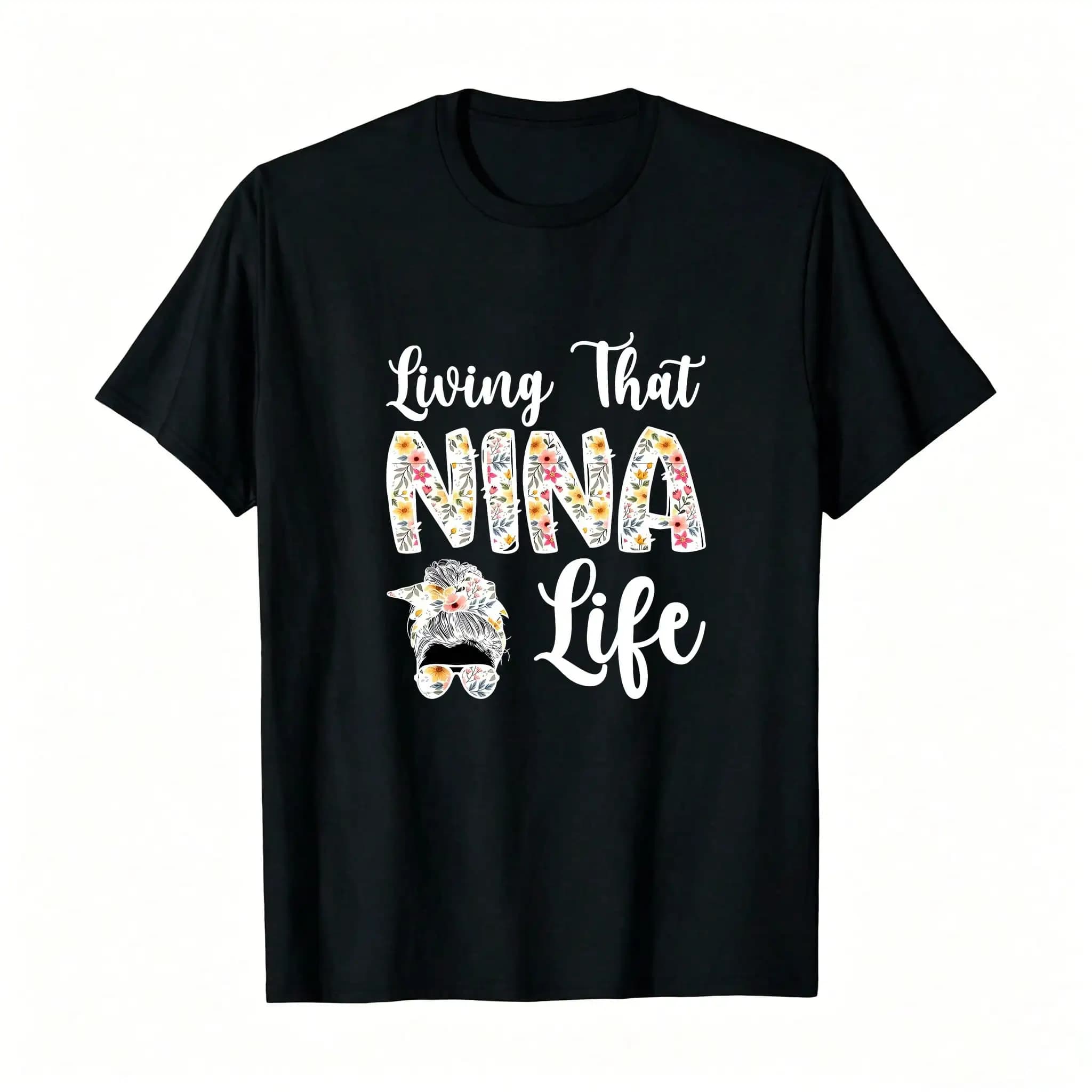 Funny Nina Grandma For Mother's Day Women's Small Regular Fit Collarless Crew Neck Letter Print T-Shirt 100% Fun Print Soft Casual Comfy Short Sleeve T-Shirt_,Breathable And Comfortable Short-Sleeved Round-Neck Top, Suitable For All Seasons, Everyday We