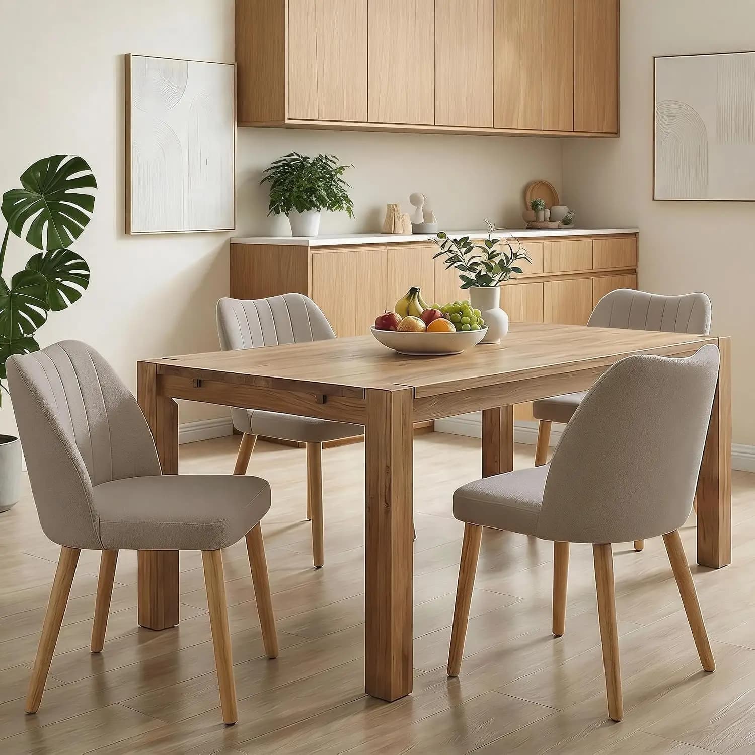 Wooden Dining Chairs Set of 4, Dining Room Chairs with Wood Legs | Upholstered Armless Kitchen Chairs with Back Thick Cushions for Kitchen/Living Room/Restaurant, Tool-Free Assembly, Camel