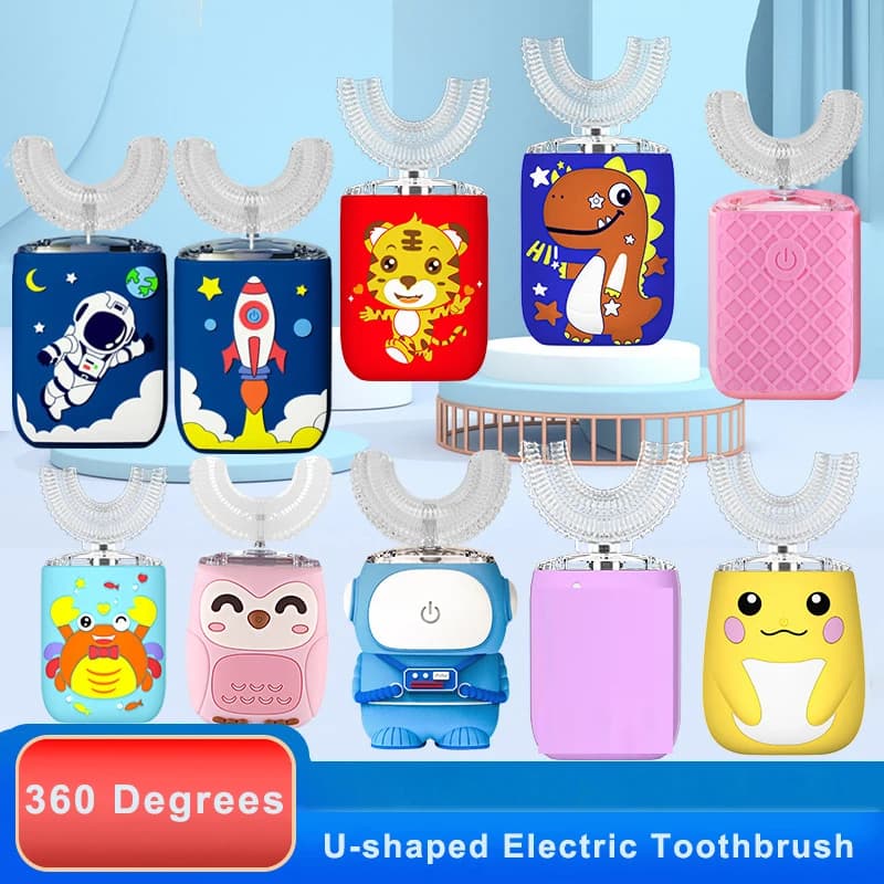360 ° Spazzolino elettrico automatico a forma di U per bambini Cartone animato per bambini Spazzolino in silicone Ricarica USB Detergente per denti a luce blu