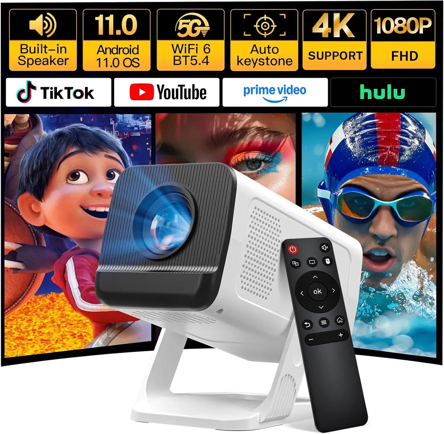 Mini Proiettore WiFi 6 Bluetooth 5.4 Android 11 con Correzione Automatica della Distorsione 1080P Supporto 4K Portatile per Casa ed Esterni