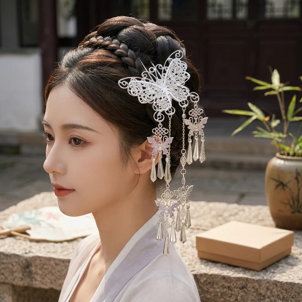 Antique Silver Butterfly Tassel Hairpin For Chinese Style Wedding And Daily Wear