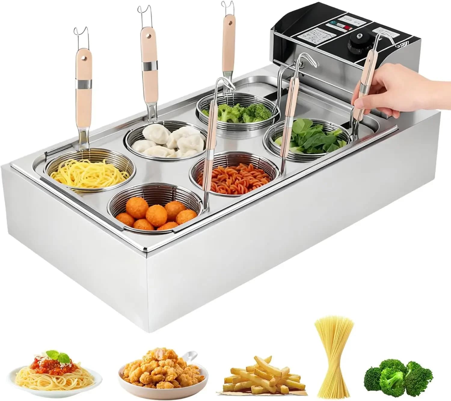 Cuocipasta Elettrico Commerciale con 6 Cestelli, in Acciaio Inossidabile, 50-300 ℃ Macchina per Cuocere Noodle con Controllo della Temperatura, 110V per R