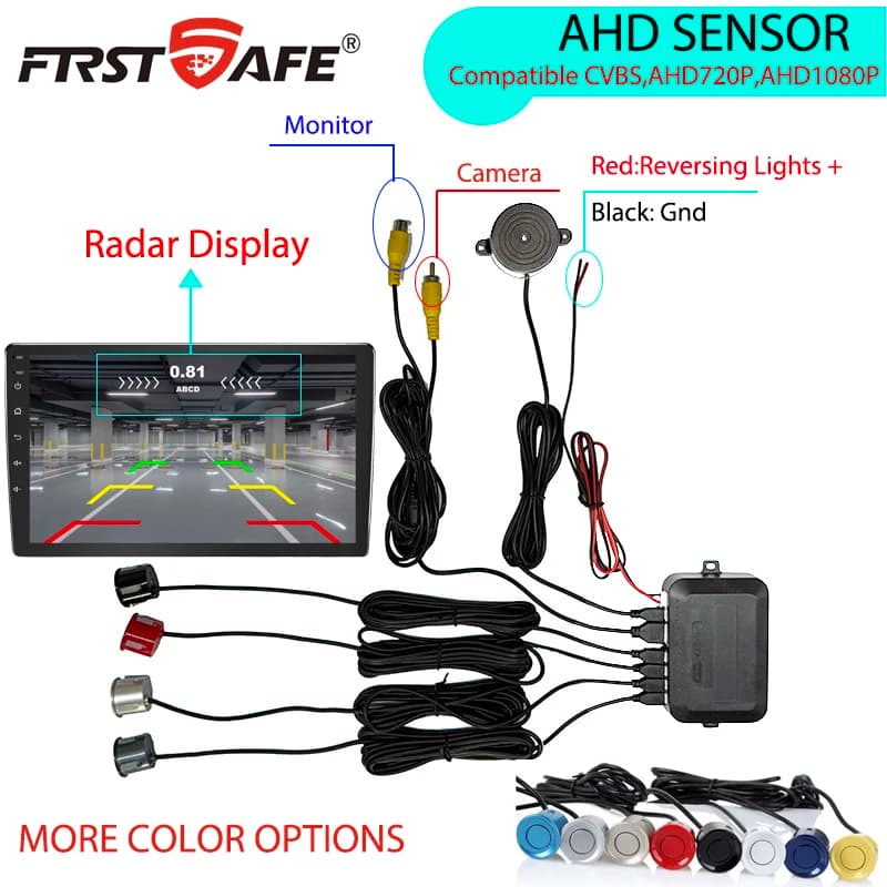 FirstSafe Factory CVBS AHD Video Parking 4 sensors Car Reverse Backup Cicalino Rear Monitoring System Radar Support System Android