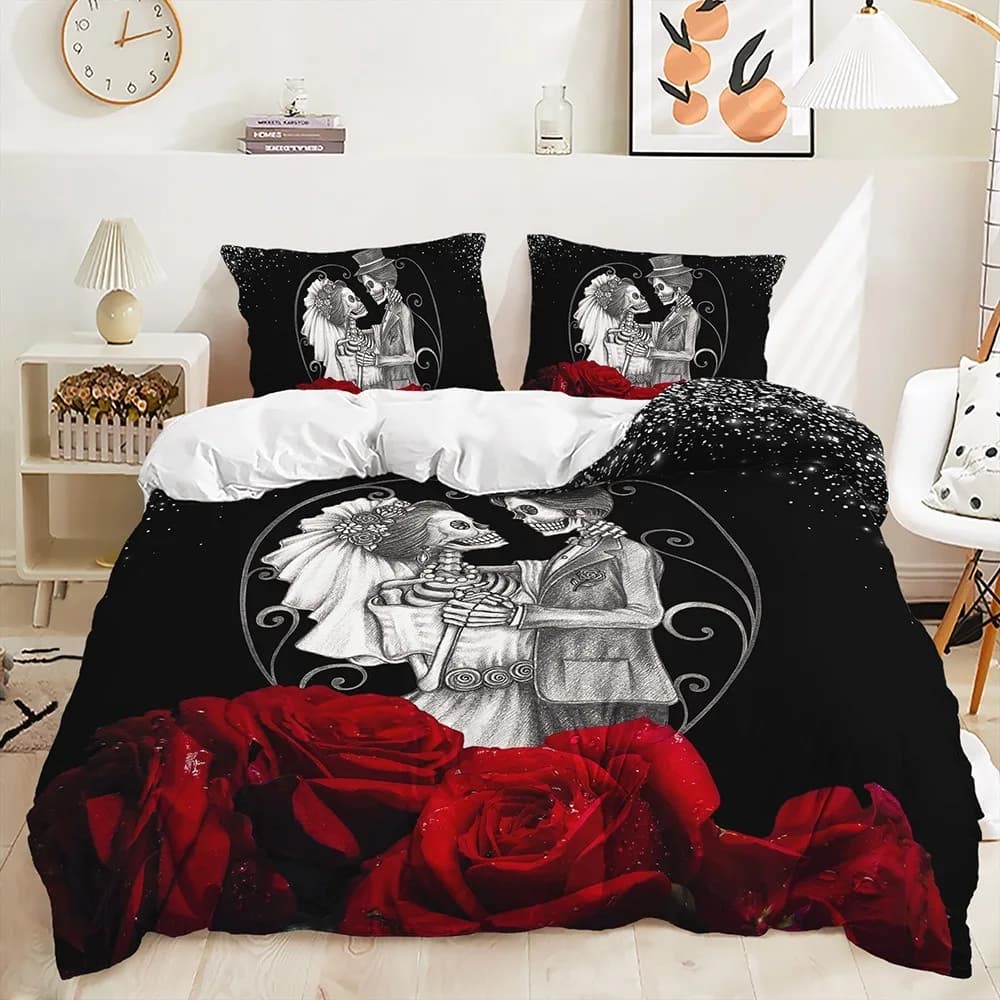 Set biancheria da letto per bambini con rose e teschi, per tutte le stagioni, matrimoniale, matrimoniale, king size, set letto, set copripiumino per camera da letto, rosso