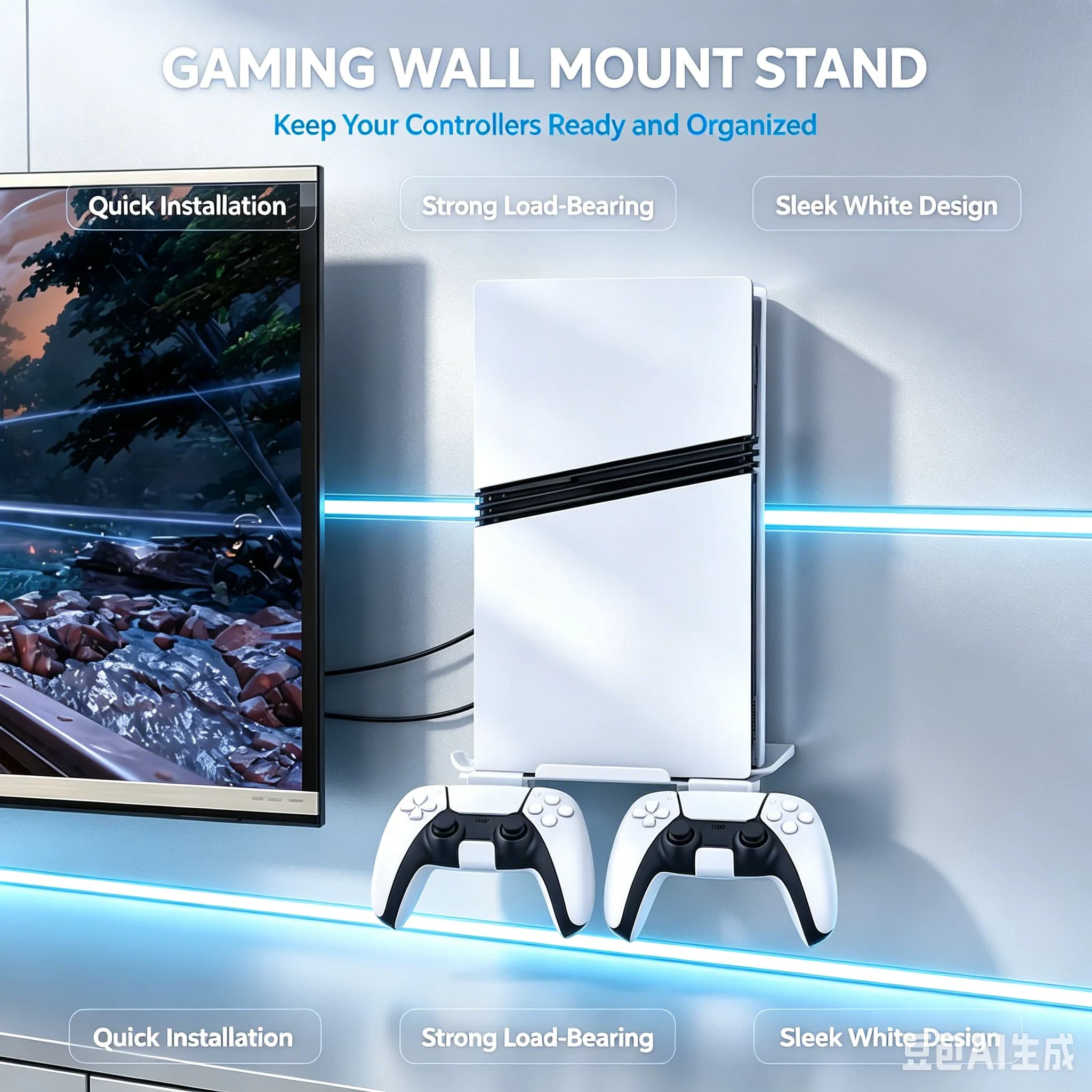 Wall Mount for PS5/PS5 Slim/PS5 Pro Heavy-Duty Metal Bracket with Dual Controller Holder Game Accessories