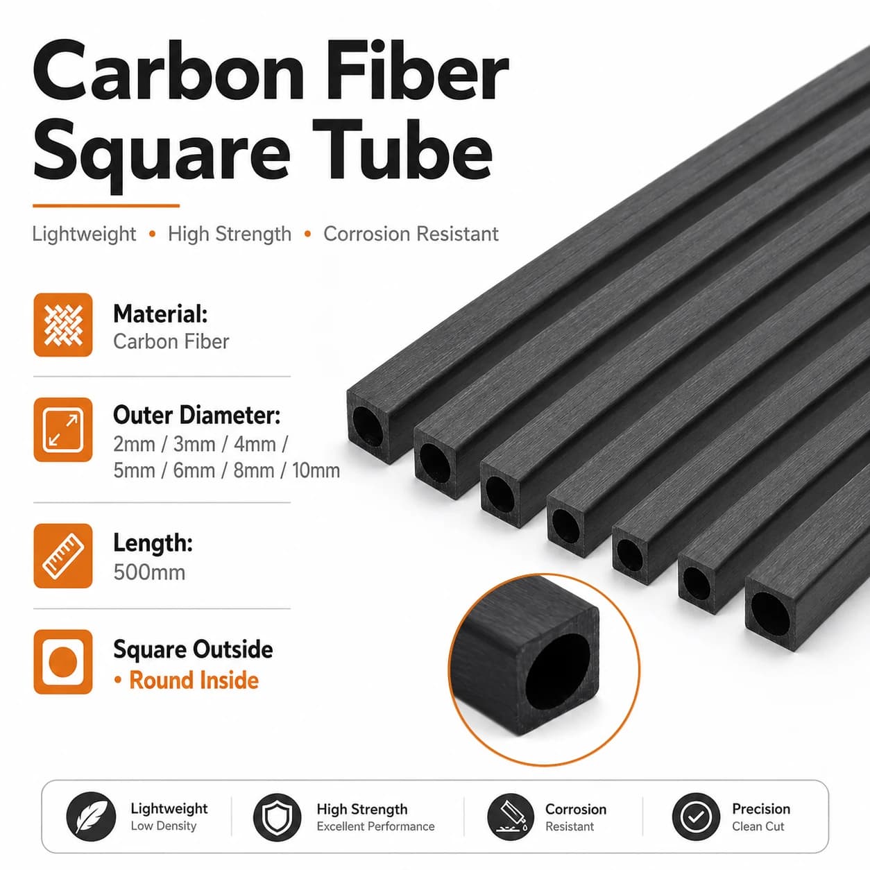 1-6Pcs 500mm Carbon Fiber Square Tube, 2x2 to 10x10mm Hollow Rod for Drone, RCs Plane, DIY Frame & Quadcopter Projects