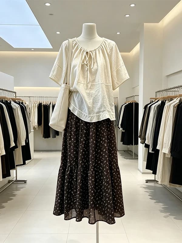Large Size Women's Summer New Design Drawstring Top Floral Half Skirt Set Korean Style Loose Fit High Waist Long Pants