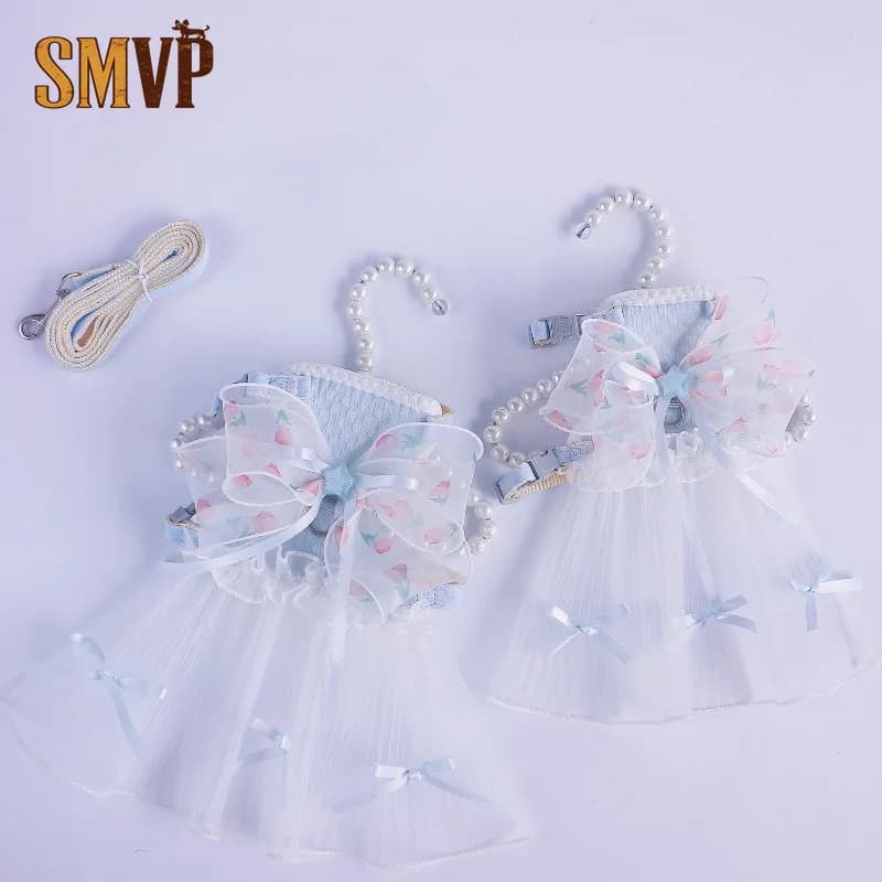 Floral Bow Pet Harness Dress with Leash Set Breathable Tulle Wedding Dress Summer Walking Outfit for Small Dogs CatsLightweight