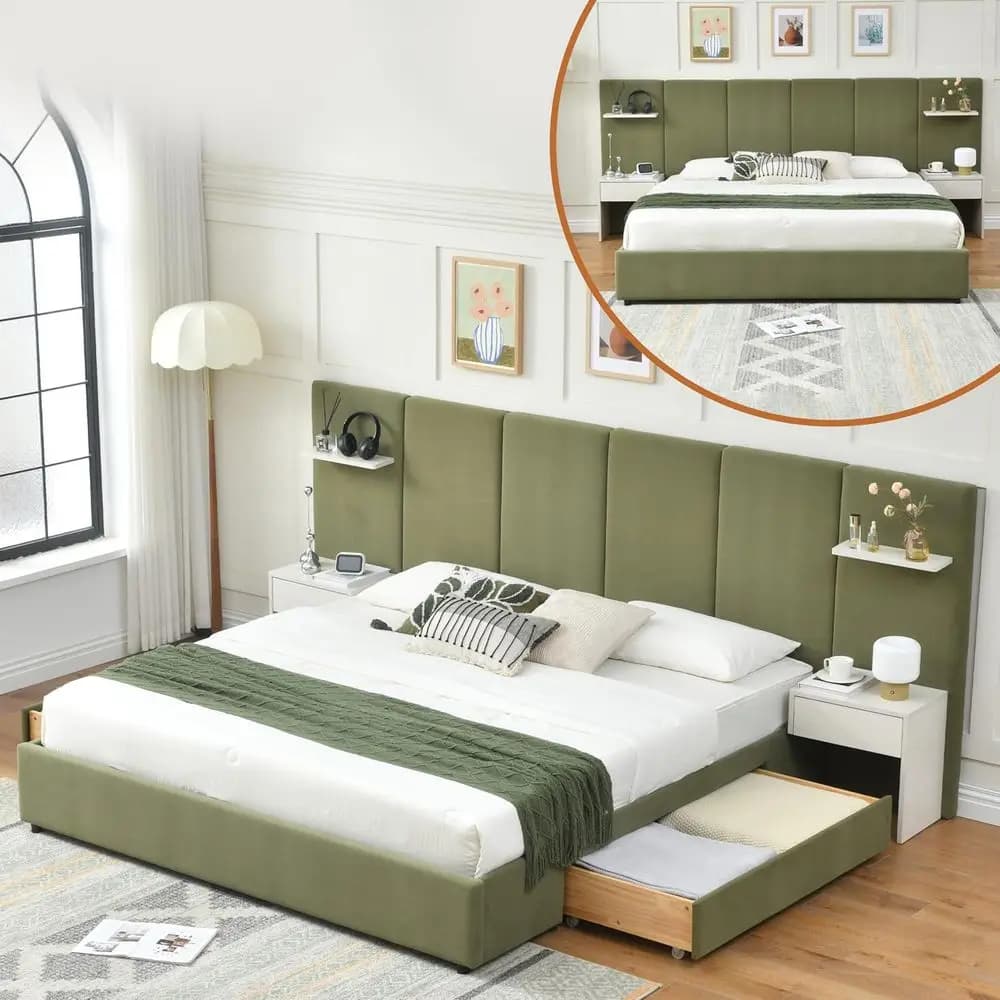 Green Velvet container bed with integrated bedside tables and hanging shelves, easy to mount, does not need a sled net