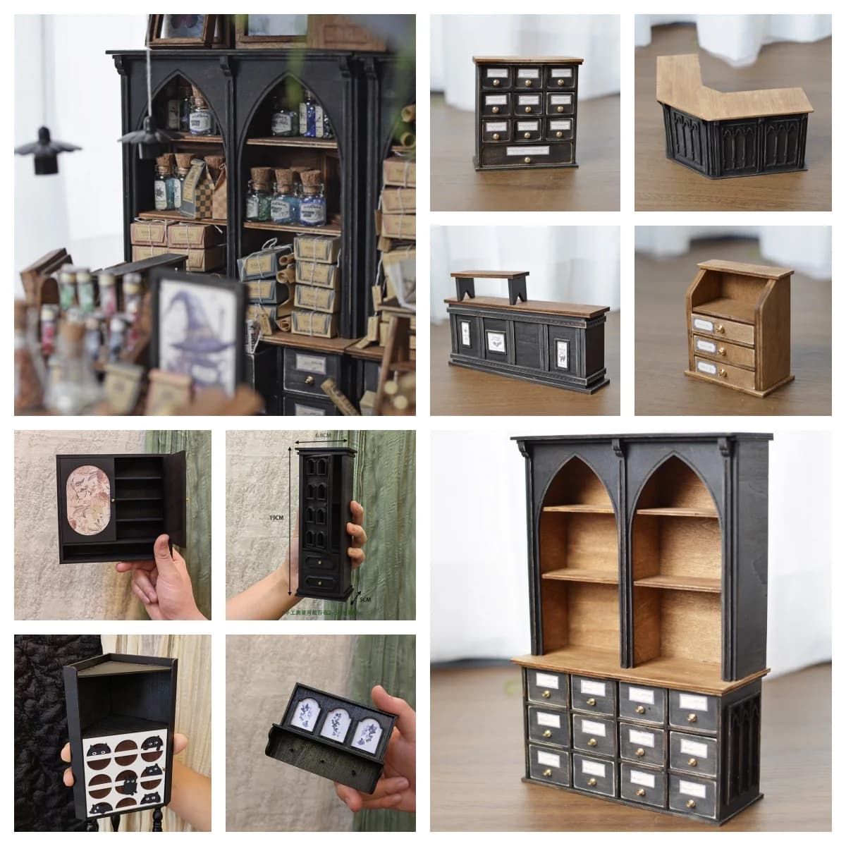 Set di mobili per casa delle bambole Kit fai da te o rifinito | Armadietto ad angolo, scarpiera, armadietto per streghe e decorazioni per la stanza in miniatura per esposizione di caramelle da parete