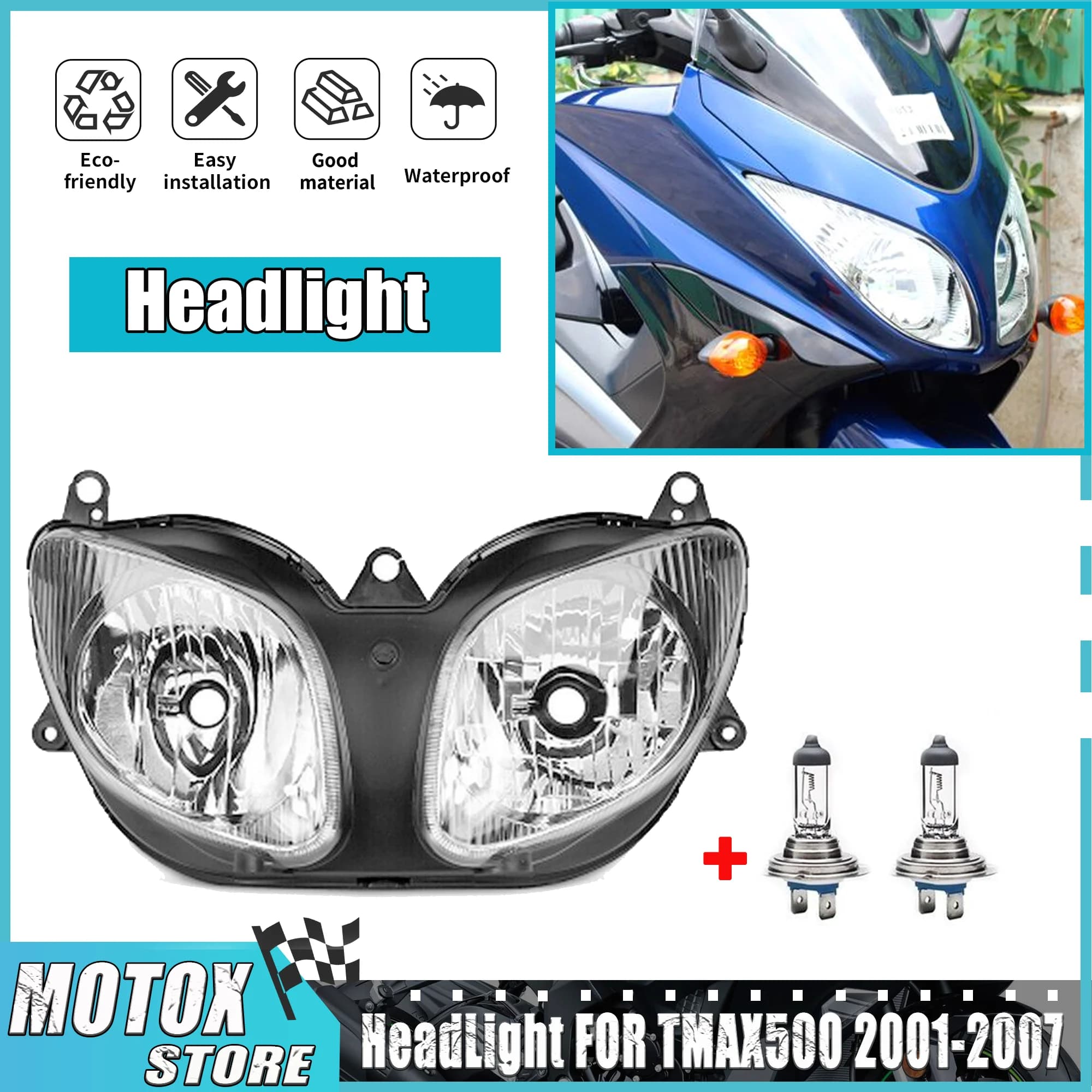 Misura per Tmax 500 T-MAX 500 XP500 2001 - 2007 2002 2003 Fari anteriori 2004 2005 2006 Moto TMAX500 XP 500 Faro 03 04
