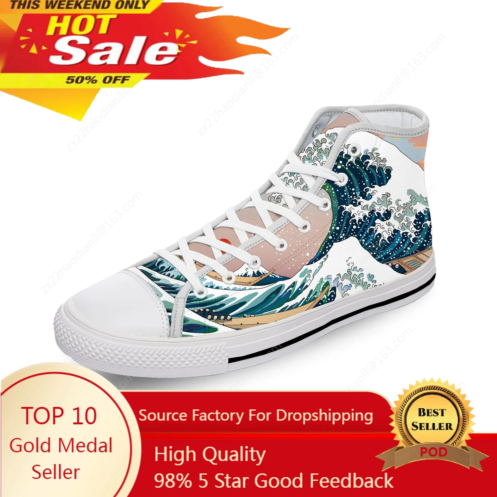 Vaporwave giapponese grande onda panno bianco sporco moda stampa 3D scarpe di tela alte uomo donna sneakers leggere e traspiranti
