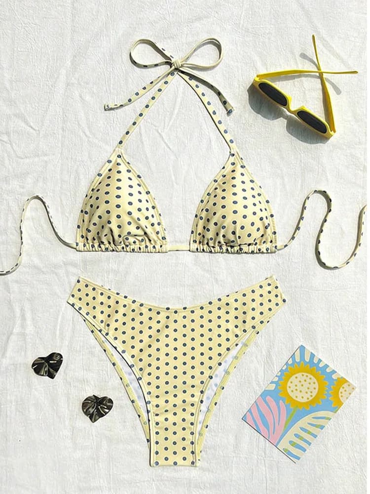 Bikini Sexy a Pois con Lacci, Costume da Bagno Diviso da Donna, Bikini Brasiliano da Spiaggia 2026 Nuovo, Set Bikini Due Pezzi Senza Schienale per Tutte le Stagioni