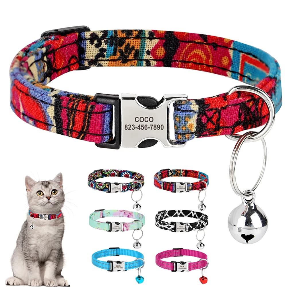 Collare per gatti personalizzato Collari per gattini in nylon per cuccioli Collare per targhetta identificativa per animali domestici inciso gratuito Collari per animali domestici Campana regolabile per gatti