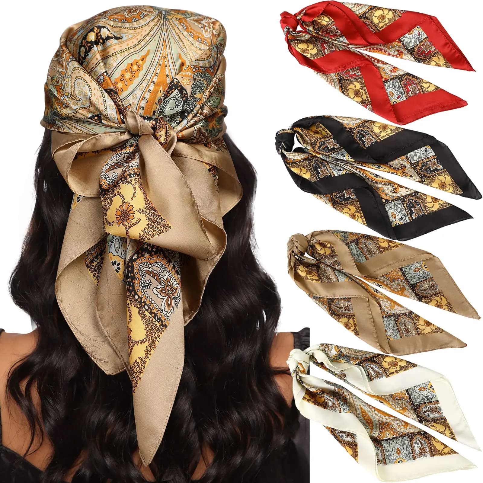 4 pz/set Bohemian Anacardi Sciarpe Per Capelli Floreali Elegante Foulard In Raso Fascia Quadrata Copricapi Del Partito Turbante Hairband Copricapo