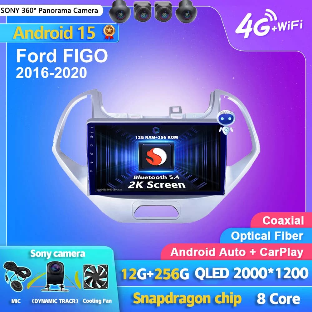 Autoradio Android 16 con Carplay, Schermo 2K, Lettore Multimediale BT per Ford FIGO 2016 - 2020, GPS Stereo