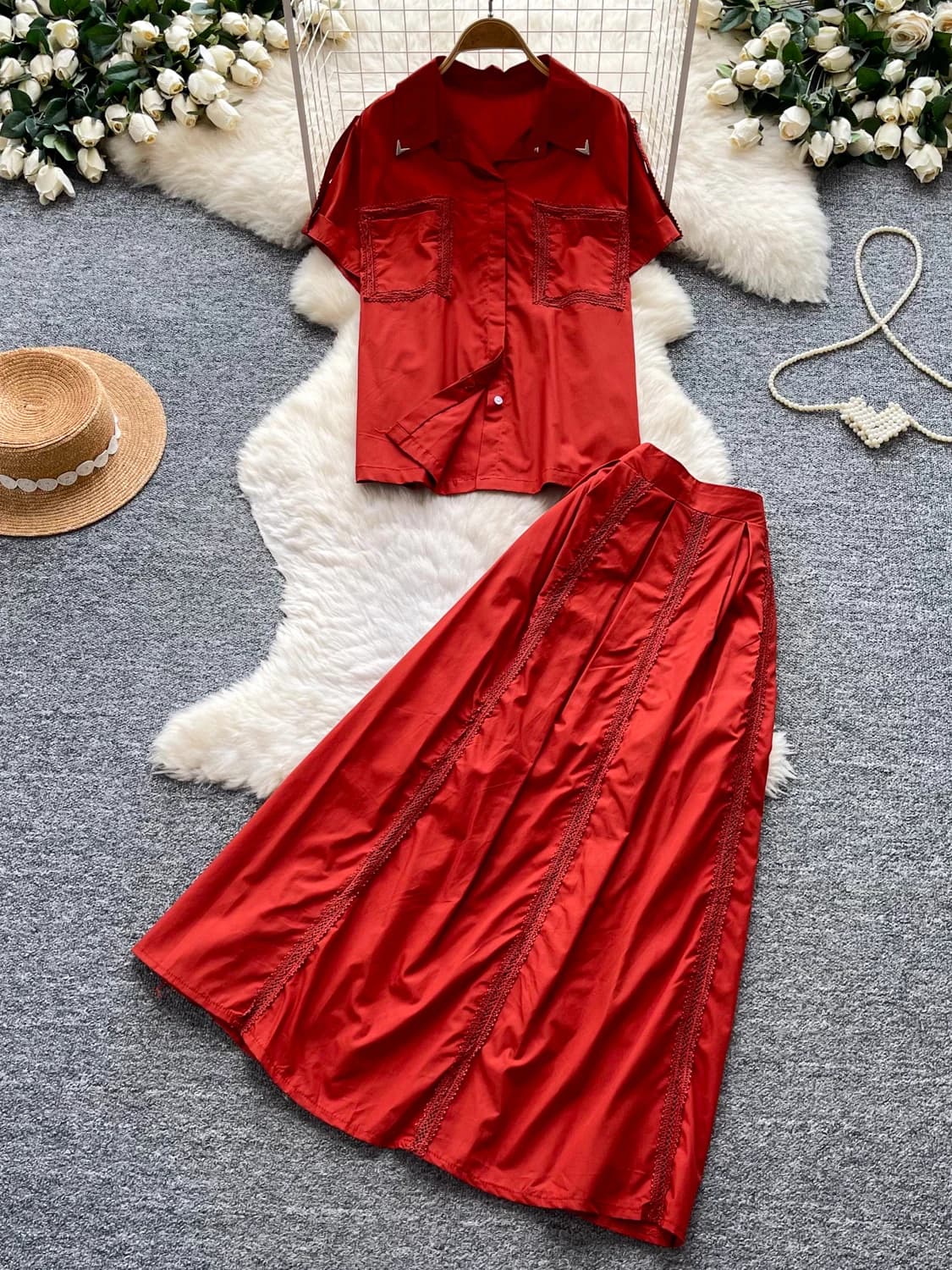 Elegant Red Embroidered Shirt High Waist Skirt Two Piece Set Women Summer Commute Slimming Fashionable Ensemble Casual Wear