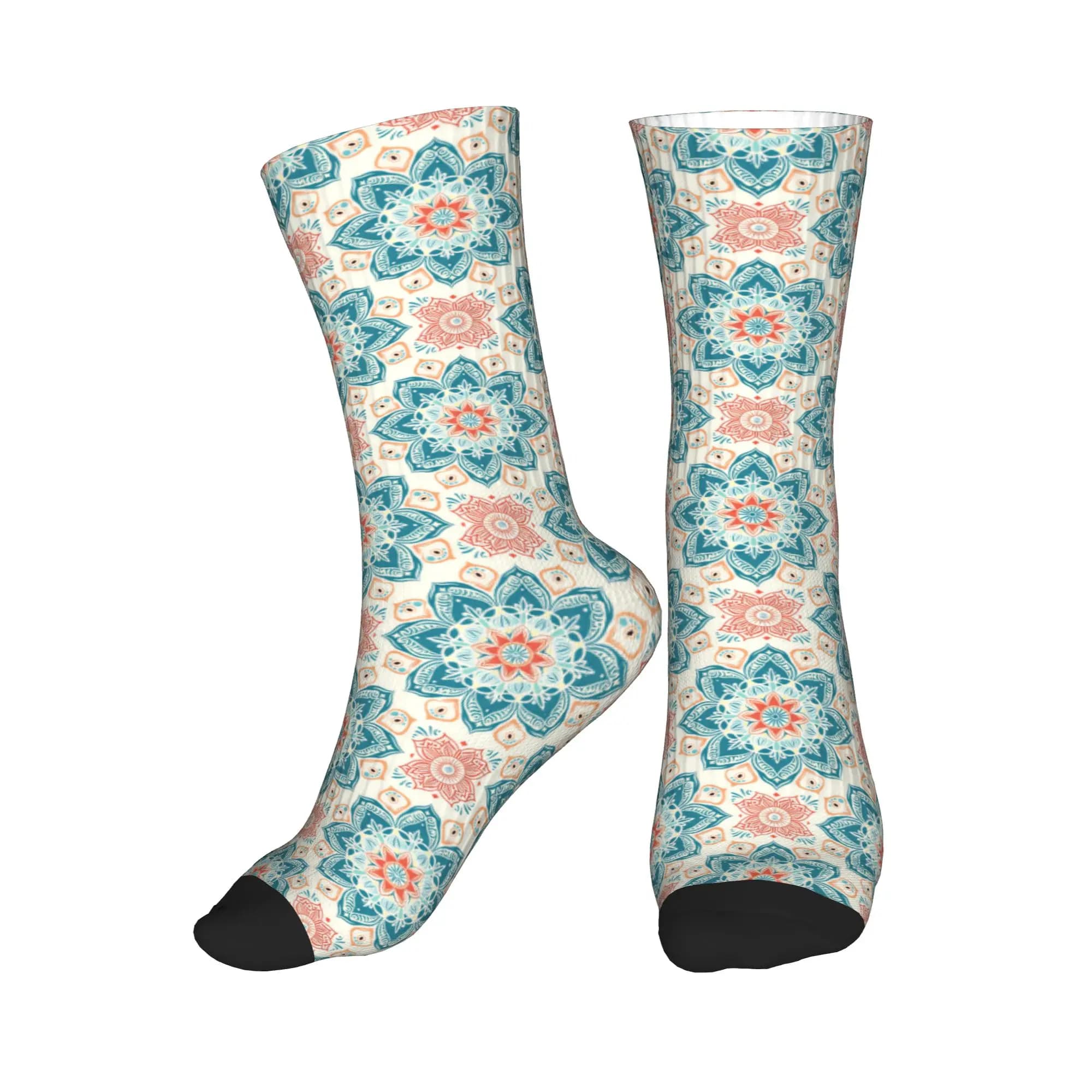 Cool Men's Turquoise Coral Ethnic Mandala Print Dress Socks Unisex Breathbale Warm 3D Printed Crew Socks
