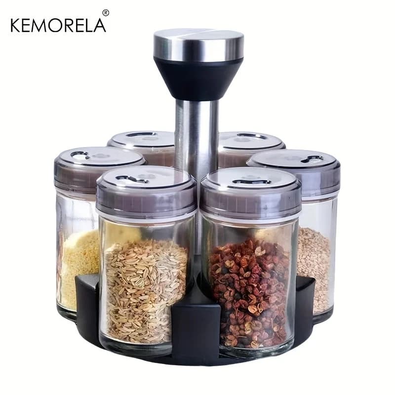 KEMORELA 360 ° Set di bottiglie di spezie rotanti, portaoggetti per condimenti in vetro, per sale, zucchero, pepe, organizer da cucina