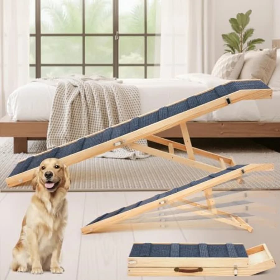Rampa Pieghevole per Cani per Letto/Divano/Auto 75'' Extra Lunga in Legno con Tappeto Antiscivolo, Pendenza Morbida e Piattaforma di Atterraggio