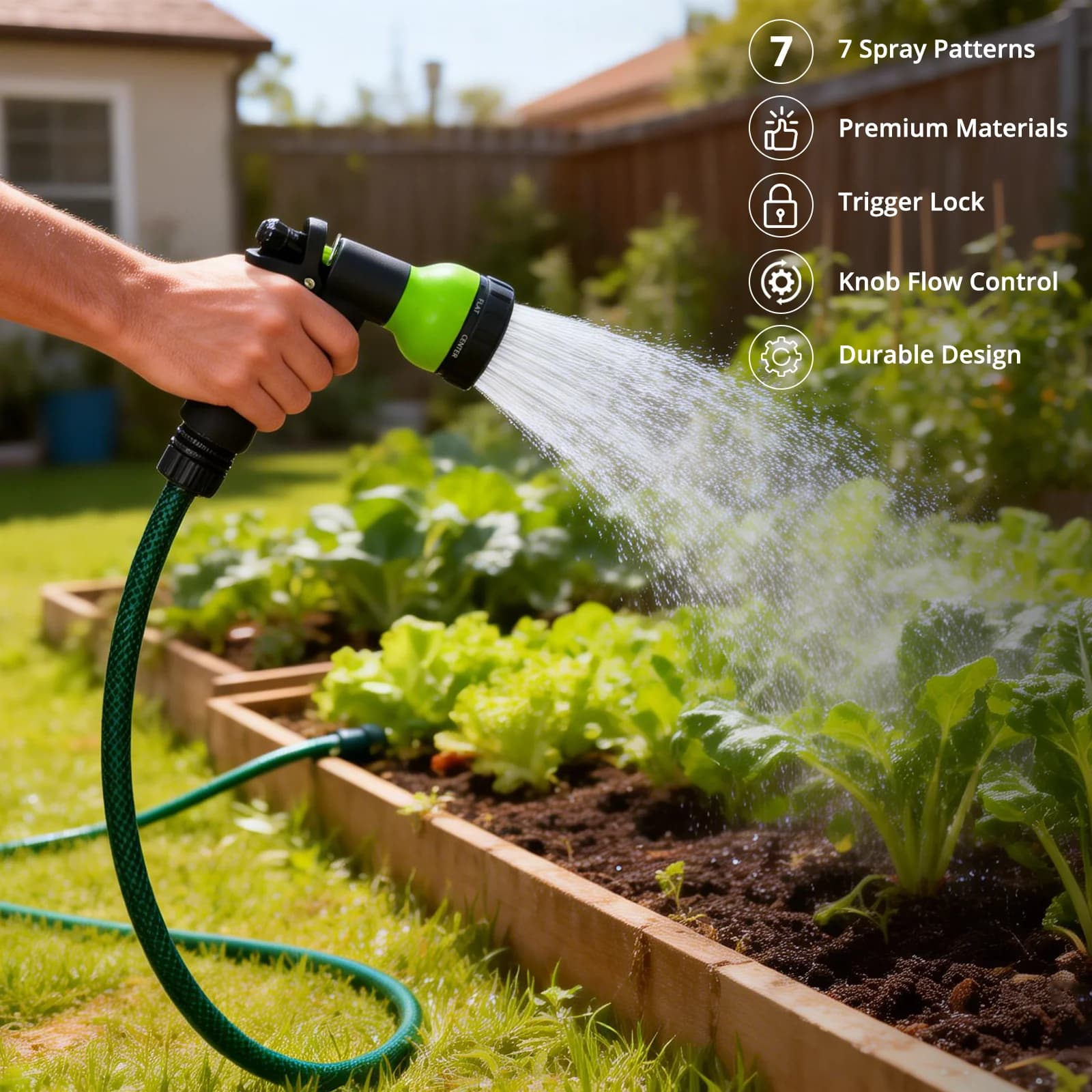 Ugello per tubo da giardino regolabile a 7 modelli, spruzzatore d'acqua in plastica resistente per giardino domestico e pulizia esterna, facile da usare
