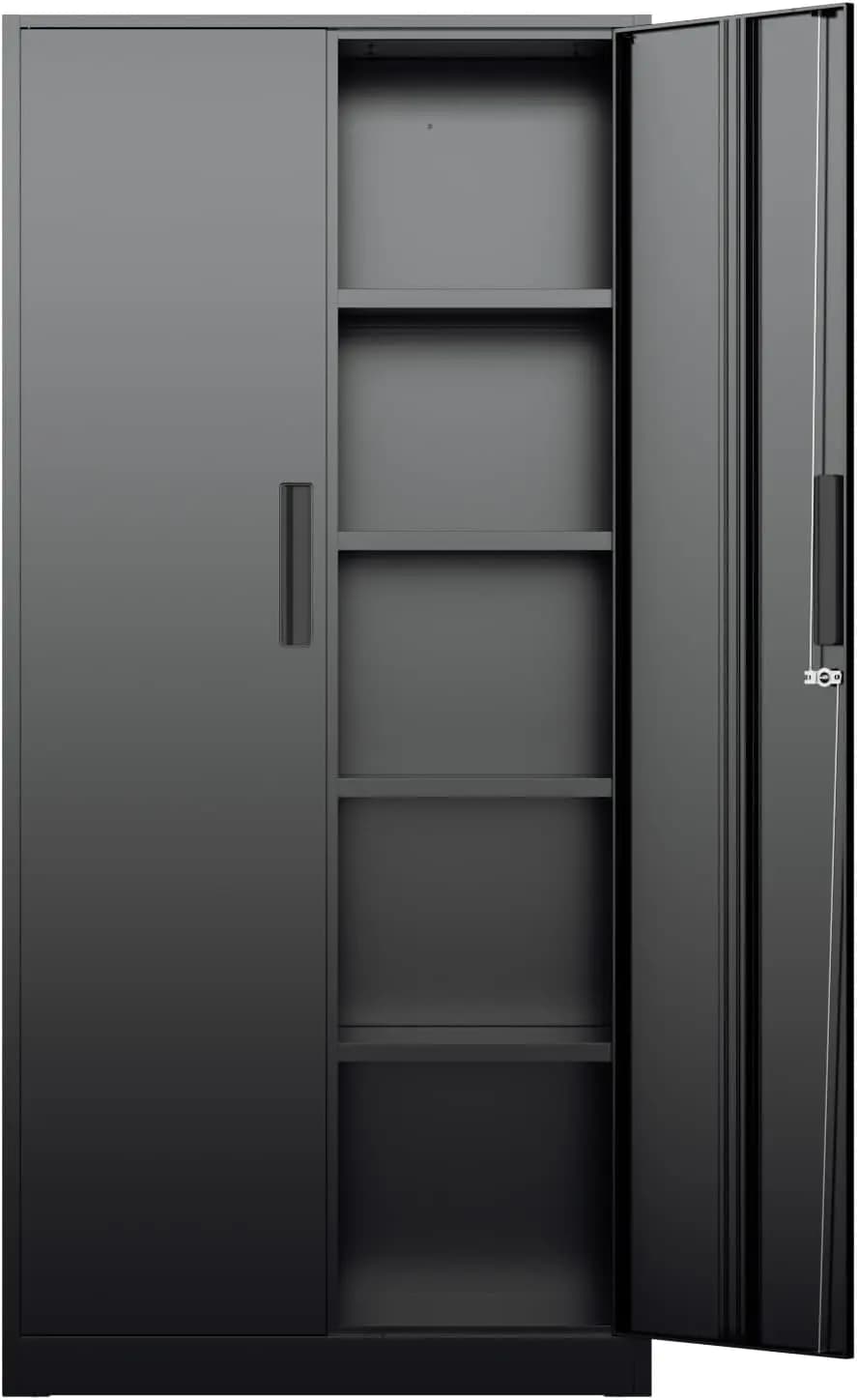 Tall Metal Storage Cabinet Organizer, Locking Steel Utility Cupboard With Four Adjustable Shelves, Heavy Duty Floor Standing Locker For Warehouse Home Office, Modern Black Furniture