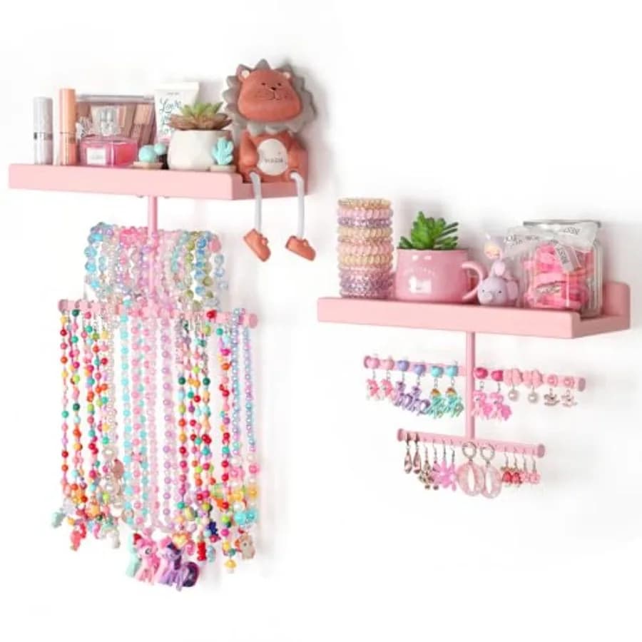 Jewelry Organizer Wall Mounted Hanging with Wooden Shelf for,Girls, Teens, Jewelry Holder Storage Display for Earring, Necklace