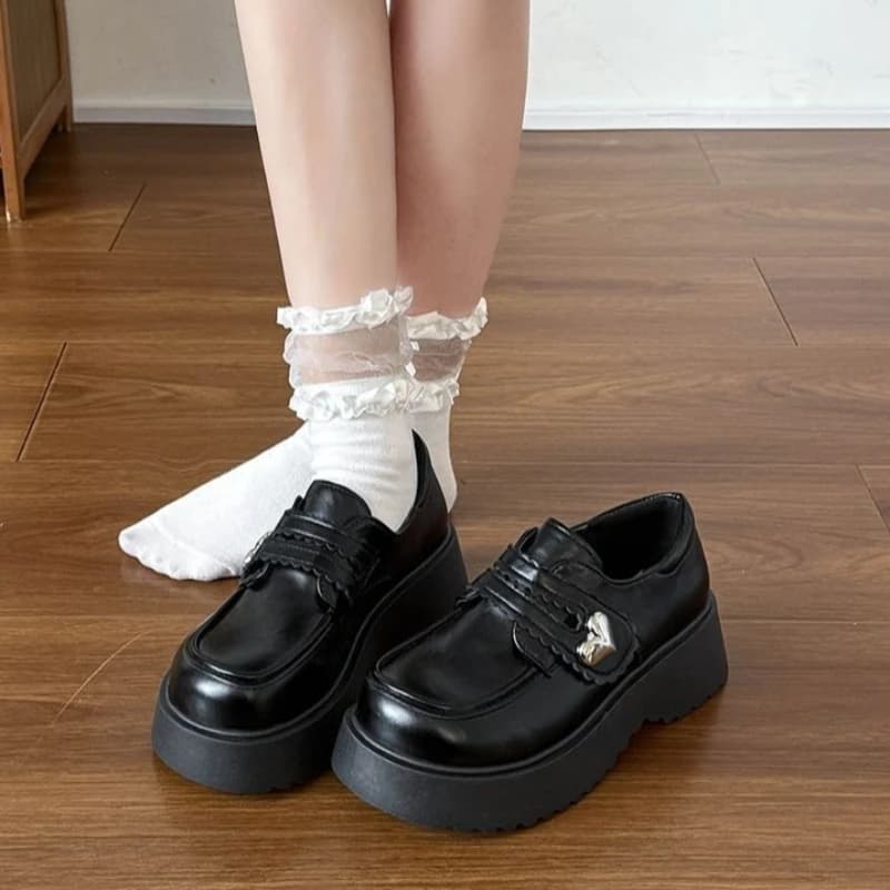 French Style Mary Jane Loafers Women Platform Shoes 2026 Spring Velcro Straps Leather Chunky Sole Black