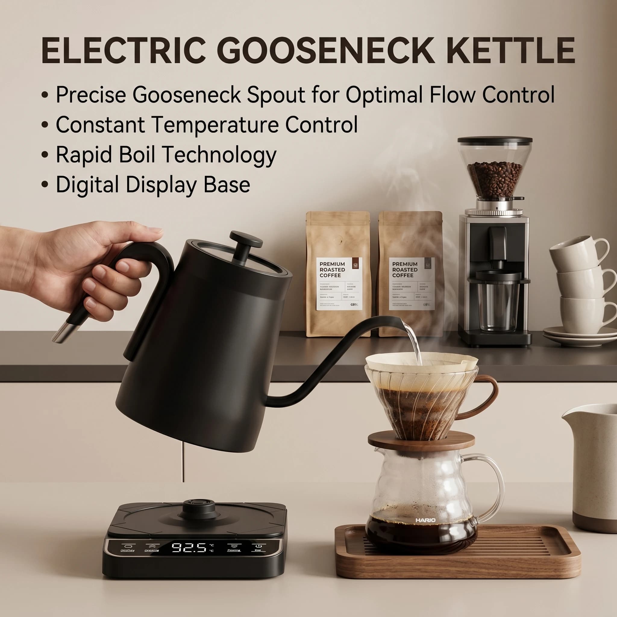 Electric kettle EU 220V LCD display Intelligent temperature control Swan neck tray Tea Coffee maker Water thermostatic kettle