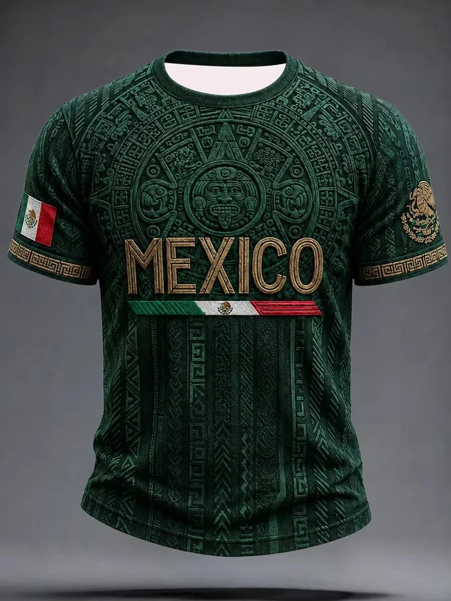 Mexico Soccer Jersey Deep Green Aztec Carvings Wooden-Tone Lettering Sleeve Flag Emblem Trims 2026 Crest Fan Football Shirt