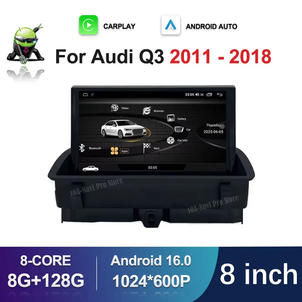 Sistema Android 15 per Audi Q3 2011-2018, BT GPS 4G WiFi, schermo touch da 8 pollici, lettore multimediale video radio per auto, audio stereo DSP.