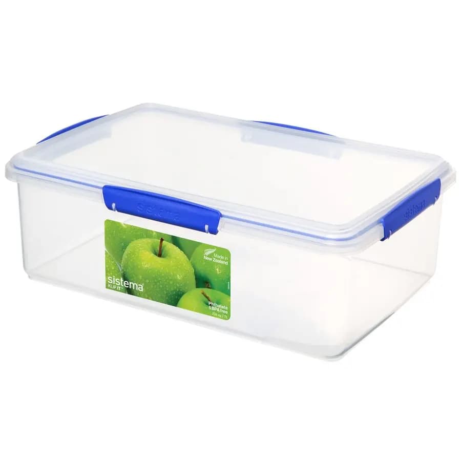 Contenitore per alimenti KLIP IT, 7 L, ermetico e impilabile, senza BPA, trasparente con clip blu