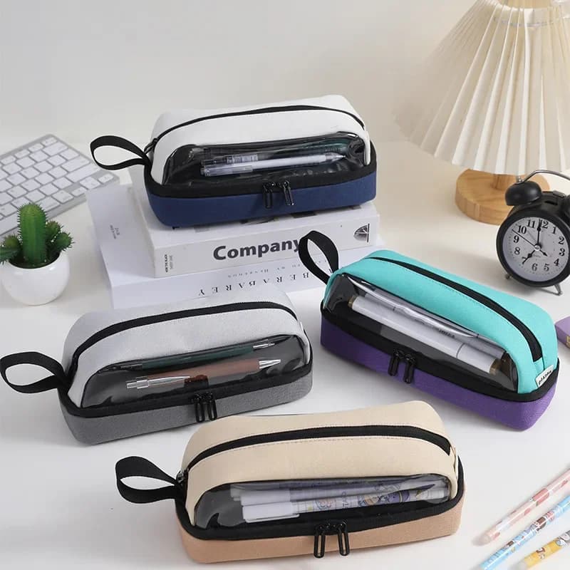 Astuccio semplice e trasparente, astuccio portatile multistrato, cancelleria per studenti di grande capacità, borsa portaoggetti in tessuto Oxford